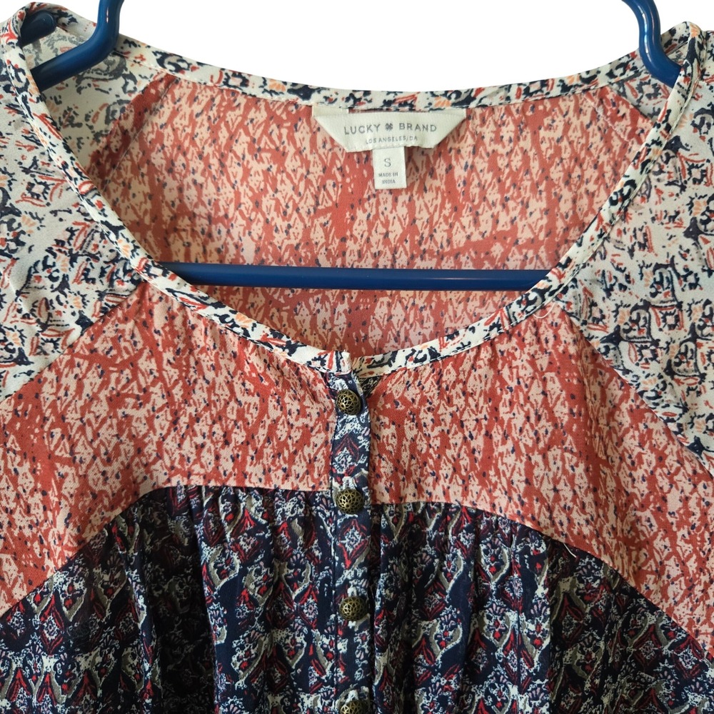 Lucky Brand Womens Small Blouse Navy Coral Paisley Mixed Print Boho Relaxed Fit
